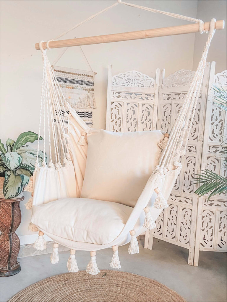 Boho Bliss Hammock Chair Set - Luxurious Macrame Swing with Tassels | Wild Throw Co.